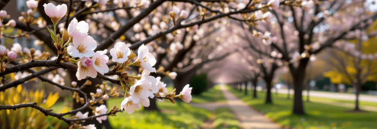Path lined with blooming cherry blossom trees next to a road A narrow walkway flanked by green grass and a long row of cherry blossom trees in full bloom, running parallel to a roadside